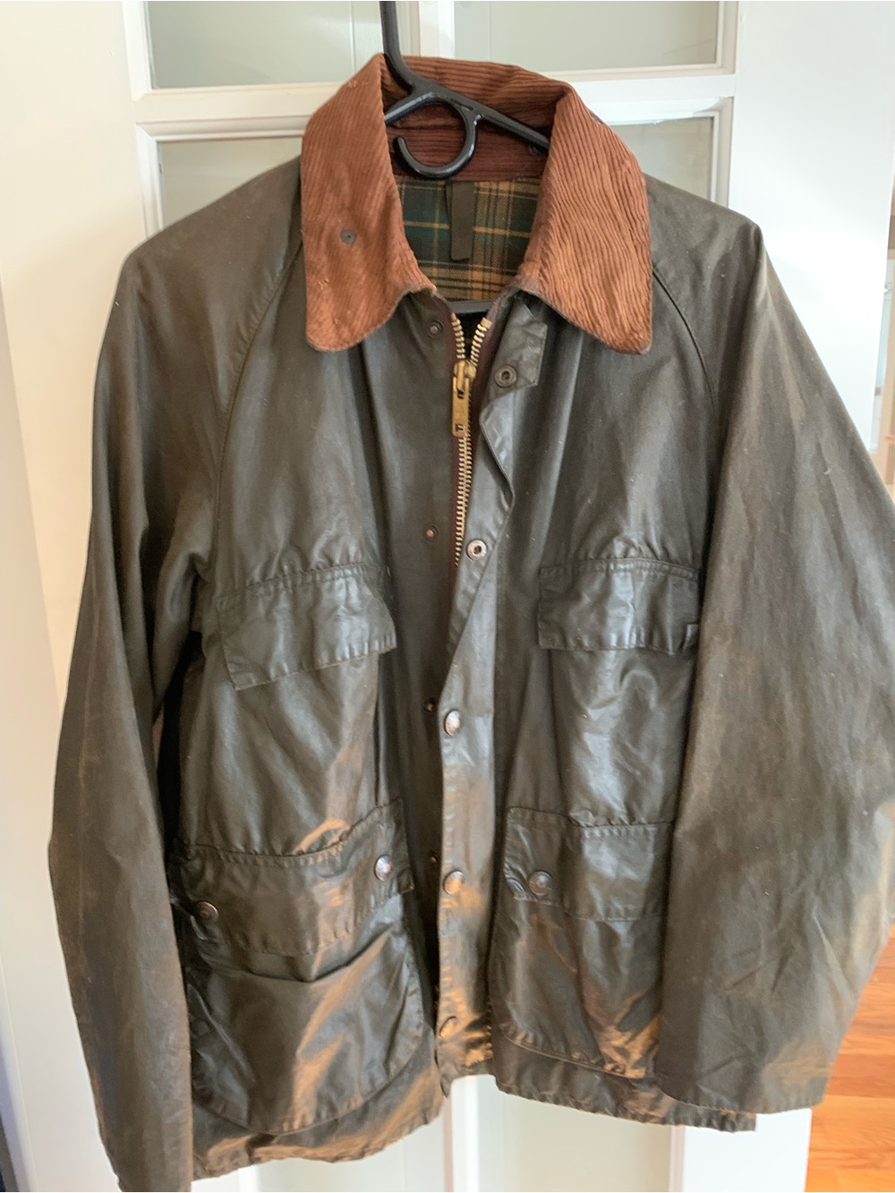 Barbour Olive Green Waxed Cotton Field Jacket with Brown Cord Collar